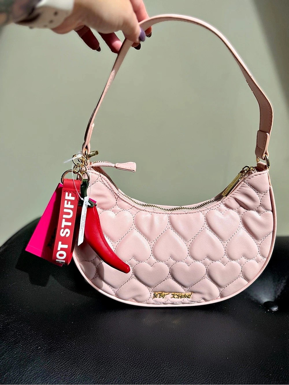 Betsey Johnson Quilted Heart Shoulder Bag Pink & Red Hot Tamale Bag Charm NWT